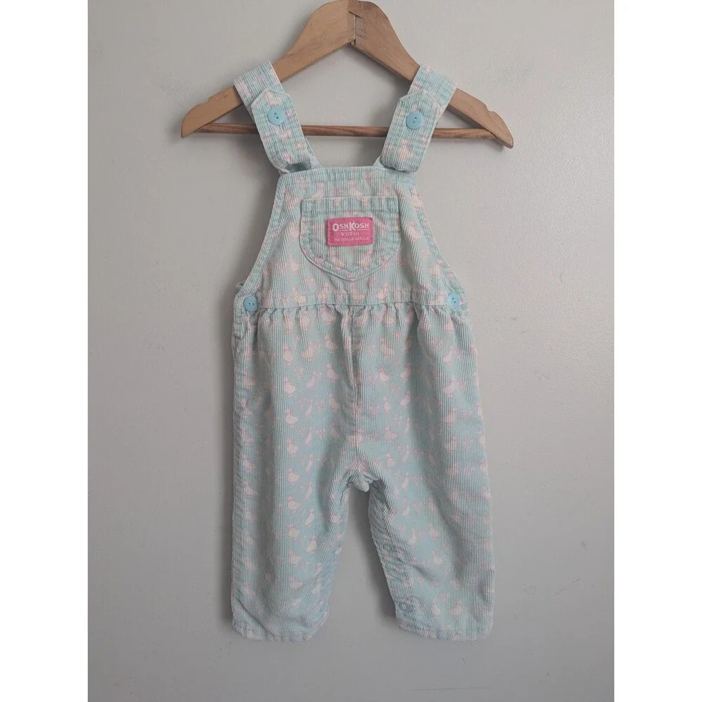 Vtg 80s Osh Kosh B'gosh Duck Print Corduroy Overalls USA UNION MADE Girls 18 Mo